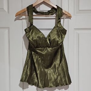 ✨ Studio Y Olive Satin Sparkle Halter Top | Size Small | Y2K Party / Going Out T